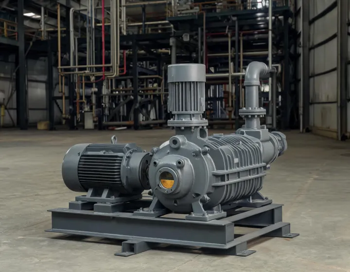 Oil-sealed rotary vane vacuum pump on a plant skid with inlet filter